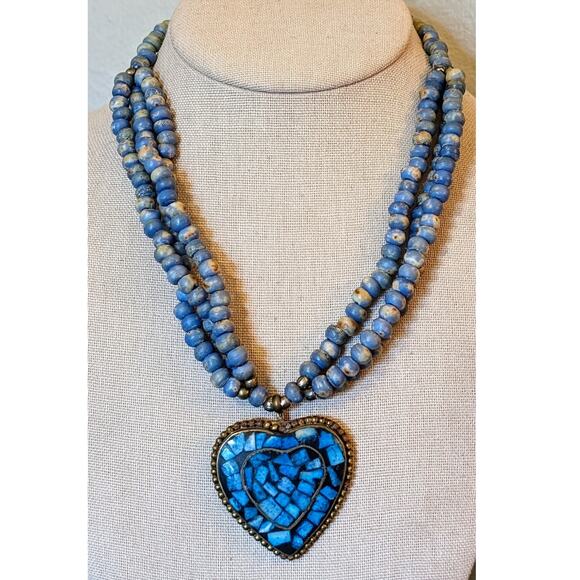 Blue Bead  Stone Inlay Copper Heart Vintage Necklace w/ Hook Clasp - Picture 1 of 9